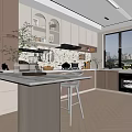 Modern Kitchen Interior With Light Colored Cabinets Marble Island Appliances And Potted Plants Near Window