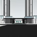 Modern Entrance Gate Design With Glass Doors Water Pool And High Rise Buildings