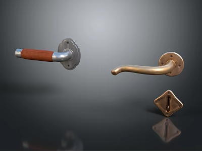 Elegant Brass And Wooden Door Handles With Silver Base And Keyhole Cover 3d model