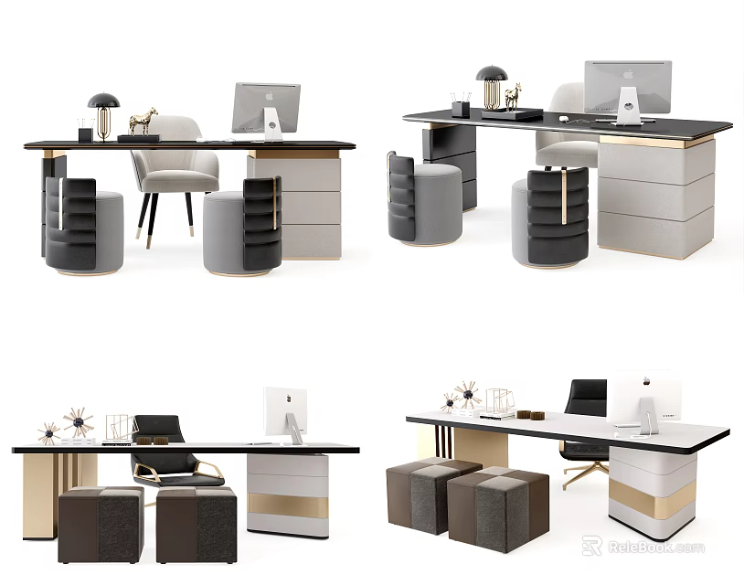 Modern Desk Interior With Computer Chair Drawer Cabinet And Stools 3d model 