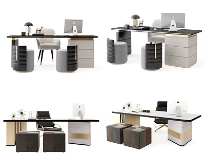 Modern Desk Interior With Computer Chair Drawer Cabinet And Stools 3d model
