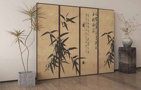 New Chinese Screen Partition Rattan Screen 3d model