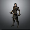 Hooded Man in Black Outfit with Yellow Accents Holding Two Daggers