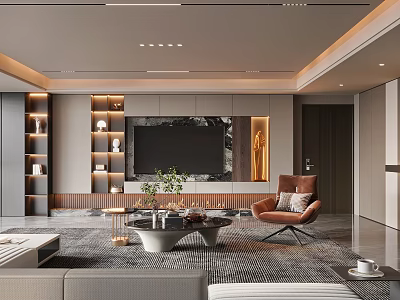 Modern Living Room Interior With Sofa Coffee Table TV Wall Armchair And Decorative Shelves 3d model