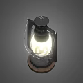 Vintage Candle Lantern Lamp With Black Metal Frame And Wooden Base Illuminated