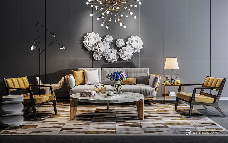 Modern Sofa And Coffee Table Set With Beige Upholstery Marble Top And Accent Chairs 3d model 