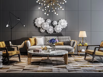 Modern Sofa And Coffee Table Set With Beige Upholstery Marble Top And Accent Chairs 3d model