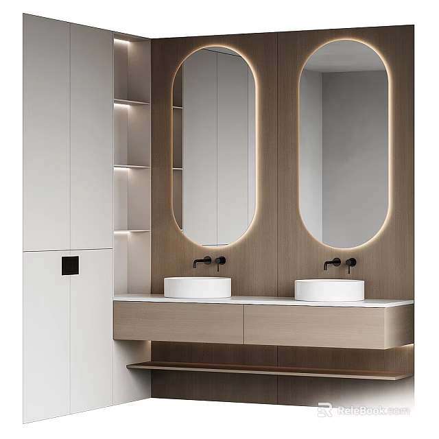 Modern Bathroom Vanity Set With Double Sinks Round Mirrors And LED Lighting 3d model