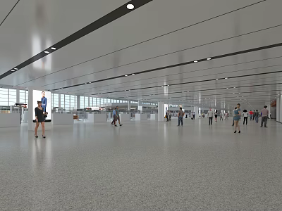 Modern Airport Open Space With Large Windows Ceiling Lights And People Walking 3d model