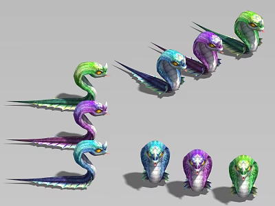 Colorful Mythical Snake Creature Character Designs With Various Color And Winged Details 3d model