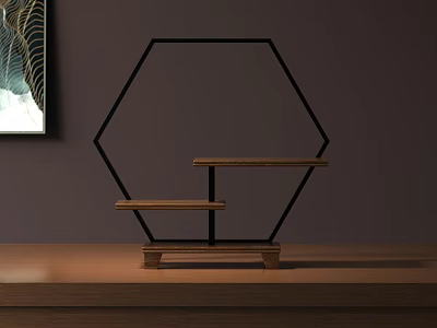 Modern Hexagonal Table Lamp With Black Frame And Two Tier Wooden Shelves On Wooden Surface 3d model