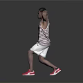Man In Striped Tank Top White Shorts Red Sneakers Standing With Hands On Head