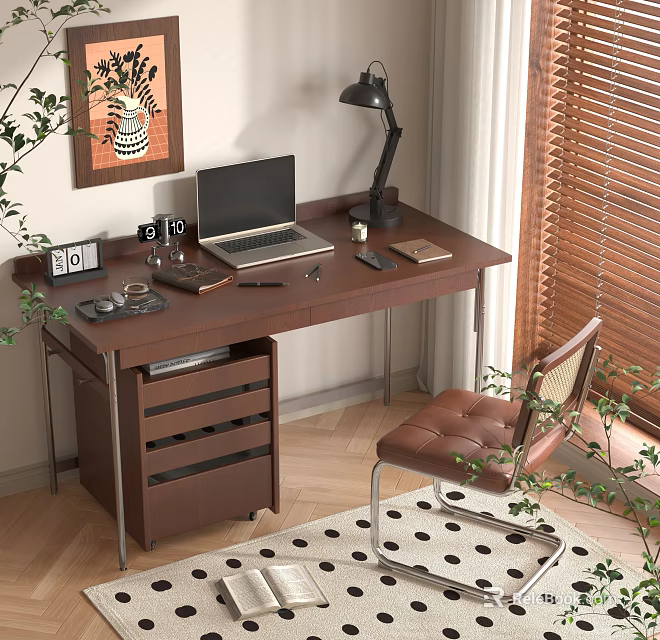 Modern Home Office Desk Chair Set with Wooden Tabletop and Drawers and Comfortable Leather Seat 3d model 