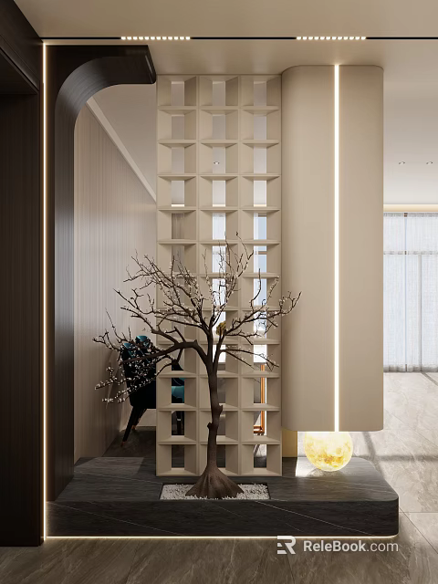 Minimalist Entryway Hallway Design With Lattice Screen And Decorative Bare Tree Branches Warm Lighting 3d model 