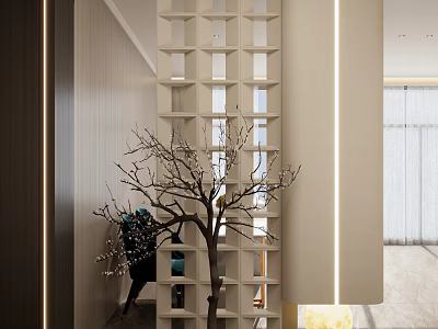 Minimalist Entryway Hallway Design With Lattice Screen And Decorative Bare Tree Branches Warm Lighting 3d model