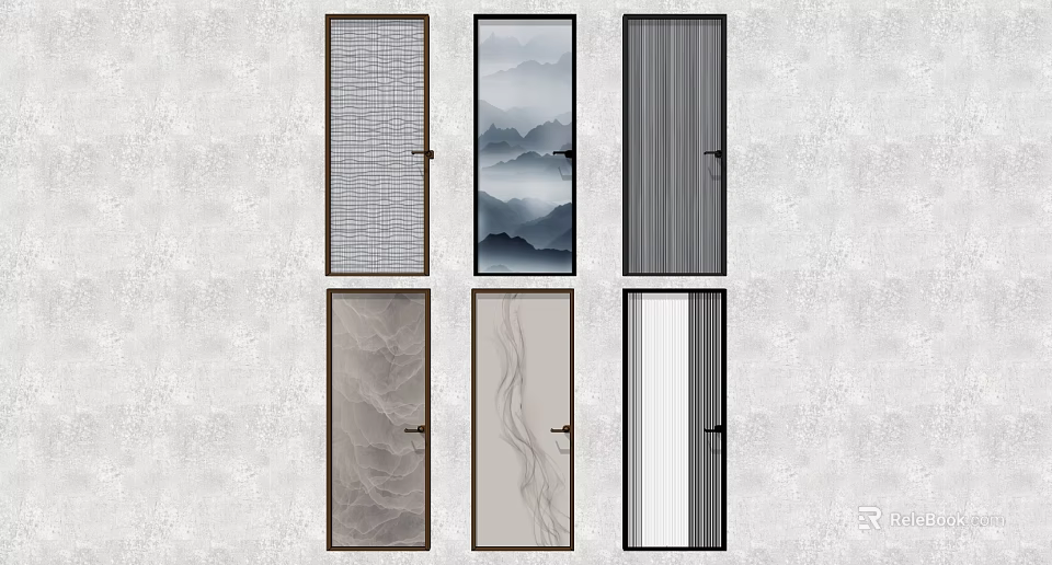 Traditional Door Components Featuring Six Panels With Grid Landscape Striped Stone And Wave Textures 3d model