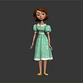 Cute Child Wearing Green Dress With White Star Patterns White Collar And Yellow Shoes
