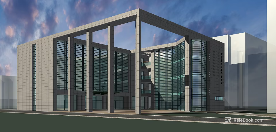 Modern Office Building Exterior With Glass Facade And Geometric Architectural Design 3d model 