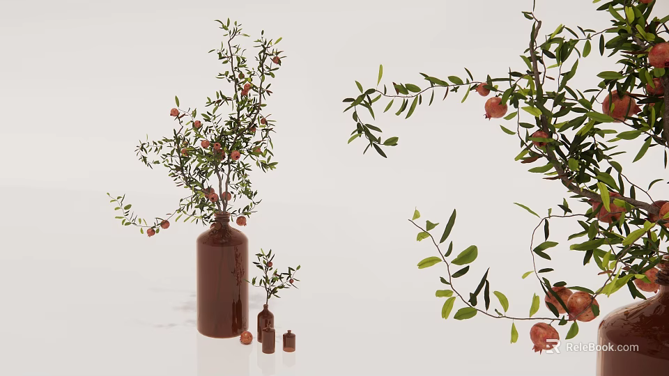 Brown Ceramic Vase With Pomegranate Branches And Green Leaves For Interior Decor 3d model 