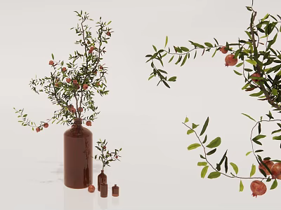 Brown Ceramic Vase With Pomegranate Branches And Green Leaves For Interior Decor 3d model