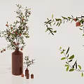 Brown Ceramic Vase With Pomegranate Branches And Green Leaves For Interior Decor
