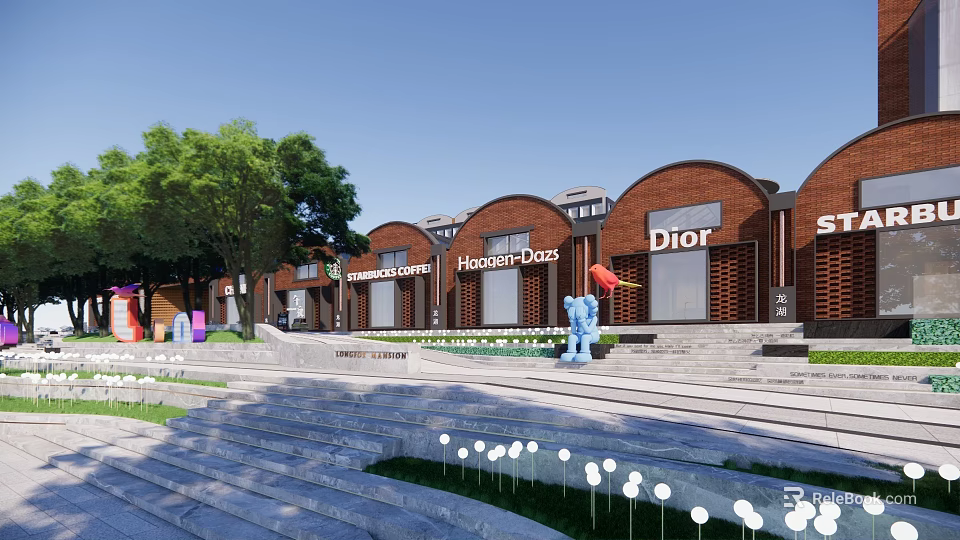 Scenic Commercial Landscape With Red Brick Brand Stores Steps Trees Blue Mascot And Lights 3d model 