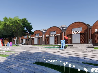 Scenic Commercial Landscape With Red Brick Brand Stores Steps Trees Blue Mascot And Lights 3d model