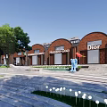 Scenic Commercial Landscape With Red Brick Brand Stores Steps Trees Blue Mascot And Lights