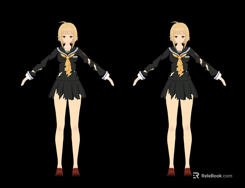 Stylish Anime Game Character With Blonde Hair Black Uniform White Gloves And Red Shoes 3d model 