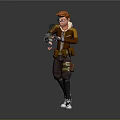 Brave Character With Mechanical Arm And Playful Creature In Brown Coat Attire