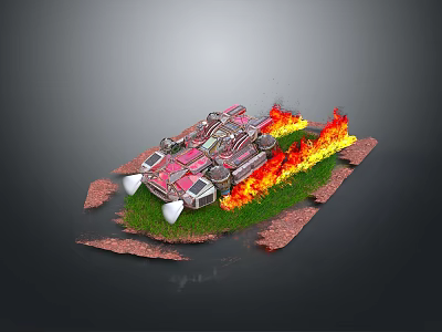 Pink And Gray Mechanical Vehicle With Flames On Broken Grass Ground 3d model