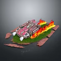 Pink And Gray Mechanical Vehicle With Flames On Broken Grass Ground
