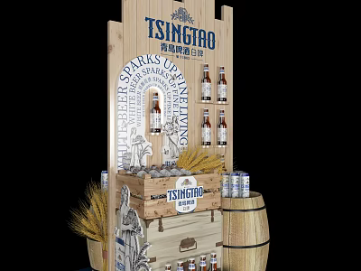 Tsingtao Beer Commercial Display Stand With Wooden Structure Beer Bottles Cans And Wheat Ears 3d model