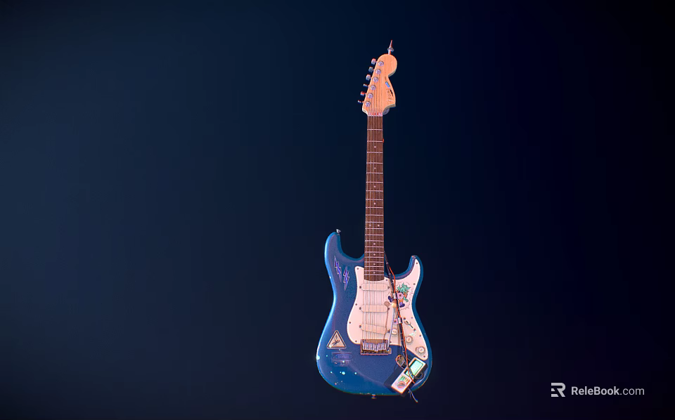 Blue Electric Guitar Instrument with Art Supplies and Sticker on Dark Background 3d model 