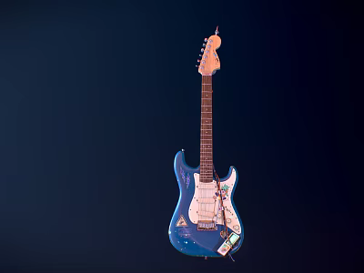 Blue Electric Guitar Instrument with Art Supplies and Sticker on Dark Background 3d model
