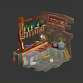 Japanese Ramen Shop Interior With Wooden Counter Seasoning Bottles Bowls Ramen Sign And Kitchen Utensils
