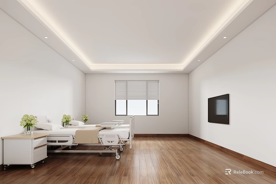 Bright Clean Hospital Outpatient Ward With Beds TV And Wooden Flooring 3d model 