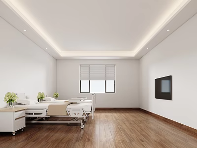 Bright Clean Hospital Outpatient Ward With Beds TV And Wooden Flooring 3d model
