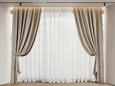 Beige Curtains With White Lace Sheer And Tied Back Design For Modern Interior 3d model