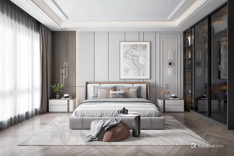 Modern Bedroom Interior Design With King Size Bed Artwork And Area Rug 3d model
