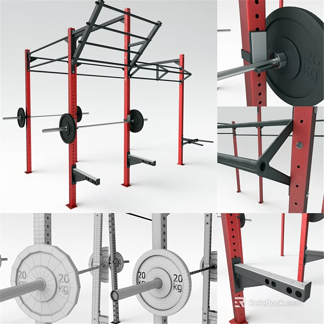 Multi functional Fitness Equipment with Red Black Frame Barbell and Weight Plates 3d model 