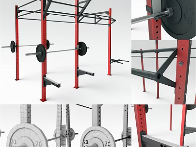Multi functional Fitness Equipment with Red Black Frame Barbell and Weight Plates 3d model