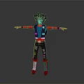 Stylized 3D Character with Black Curly Hair Black Vest Blue Innerwear Red Boots and Stretched Arms