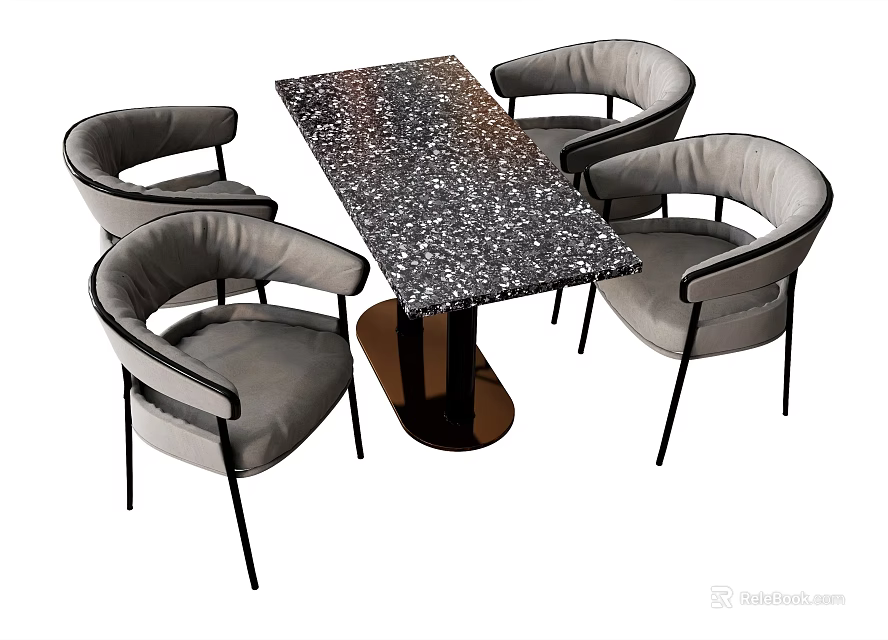 Modern Dining Table Set With Sparkling Tabletop Gray Curved Back Chairs And Black Metal Legs 3d model 