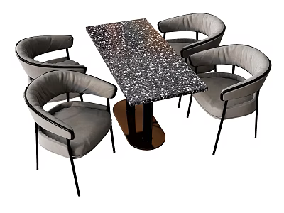 Modern Dining Table Set With Sparkling Tabletop Gray Curved Back Chairs And Black Metal Legs 3d model