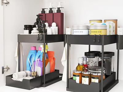 Black Multi layer Bathroom Cabinet Rack Organizer with Toiletries Cleaning Jars and Hooks 3d model