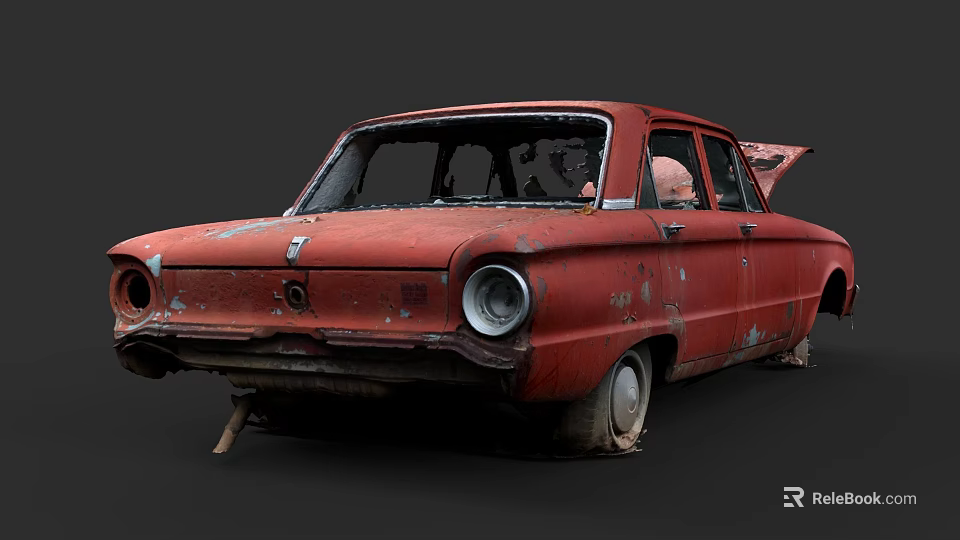 Old Red Rusty Car With Open Door And Weathered Exterior Details 3d model 