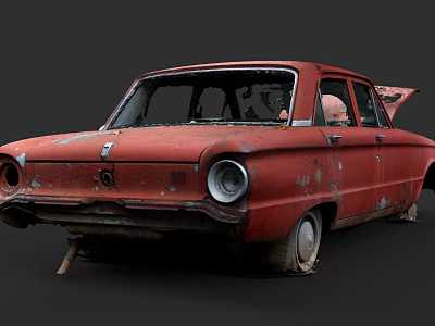 Old Red Rusty Car With Open Door And Weathered Exterior Details 3d model