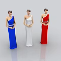 Three Women Wearing One Shoulder Blue White Red Dresses With Tiaras Hands Clasped In Front
