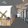 Kids Themed Corridor With Windmill Cloud Decor And Ceiling Lights 3d model